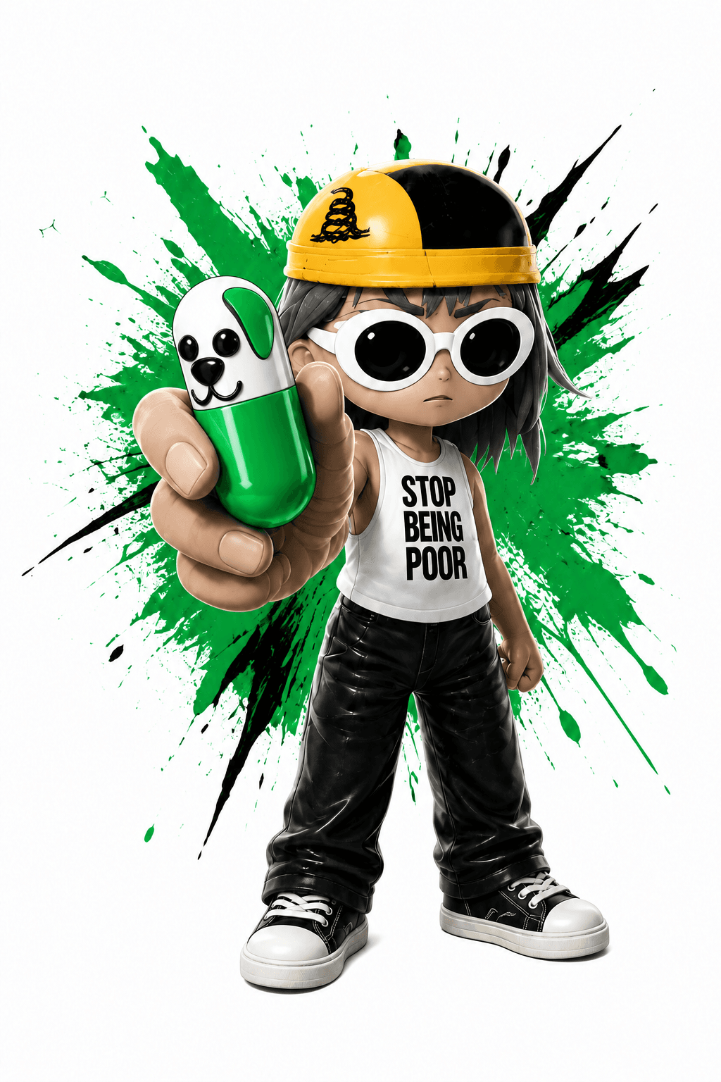 Life Changing Pill mascot holding a mint-green capsule